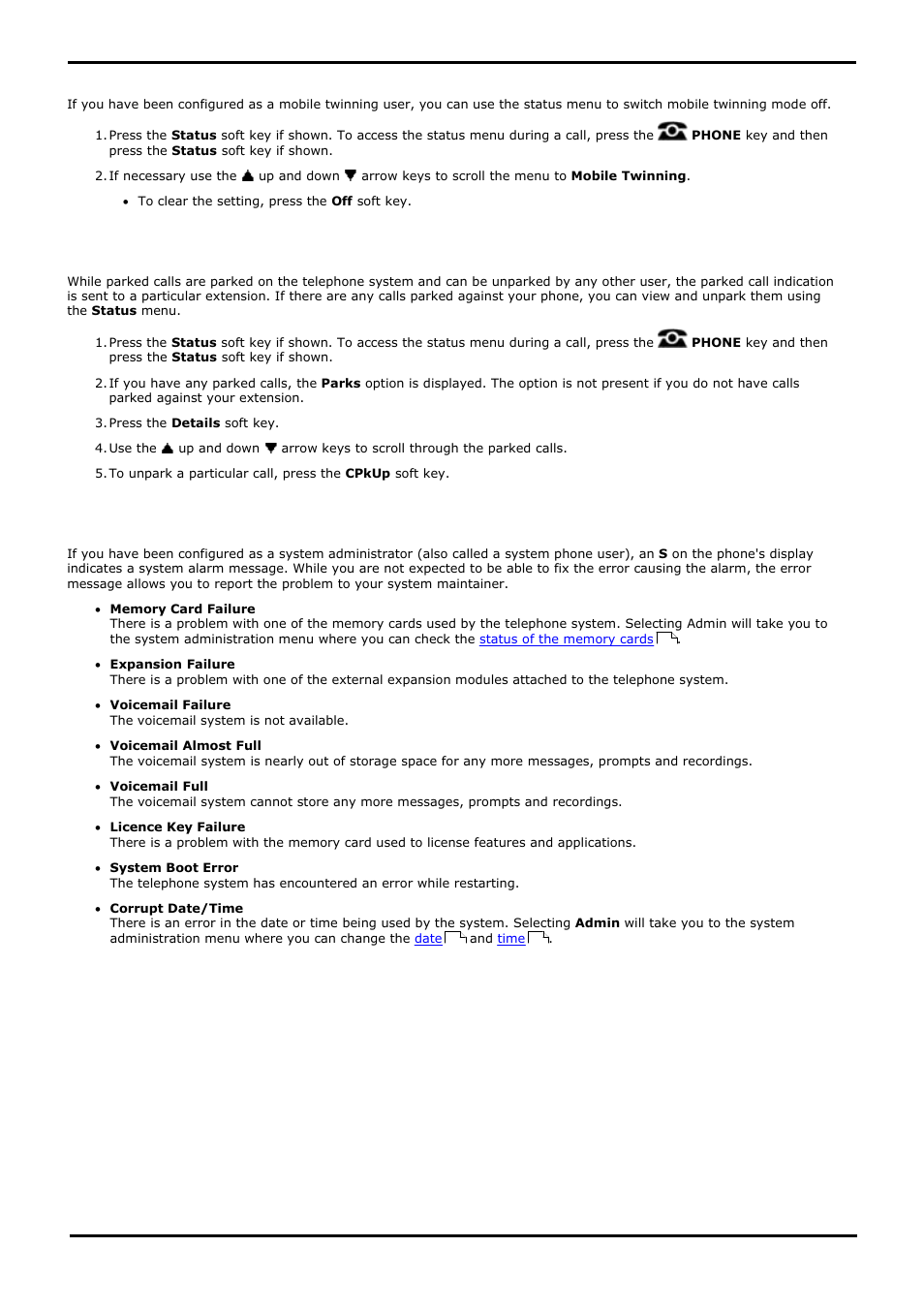 Mobile twinning, Parked calls, System alarms | Switching mobile twinning off, View and unpark parked calls, View system alarms, 10 mobile twinning, 11 parked calls, 12 system alarms | Avaya 15-601040 User Manual | Page 150 / 188