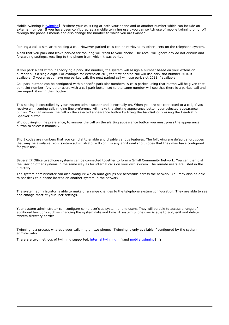 Mobile twinning, Park call, Park slot number | Ringing line preference, Short codes, Small community network, System administrator, System phone user, Twinning, 25 mobile twinning | Avaya 15-601040 User Manual | Page 181 / 188