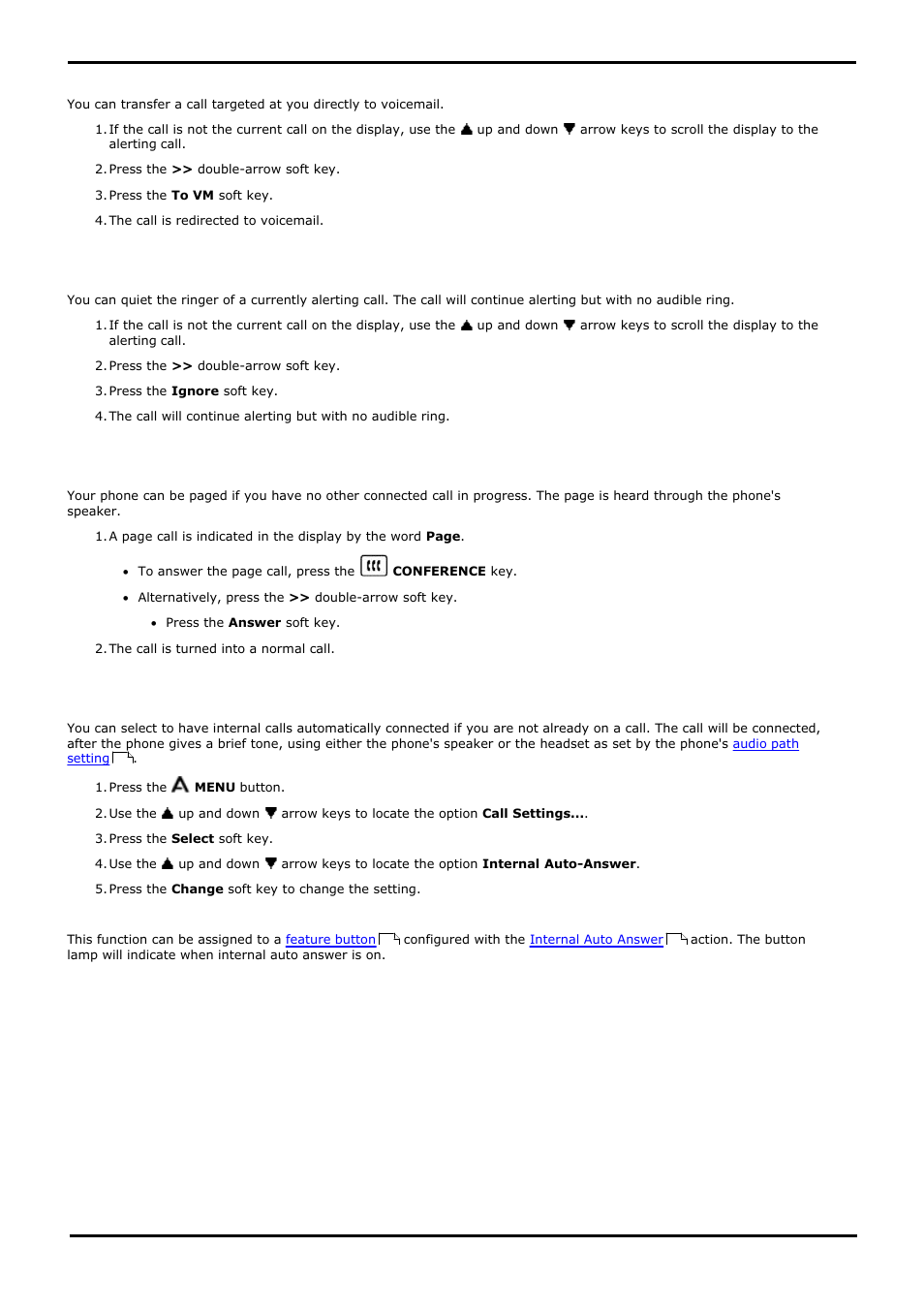 Divert a call to voicemail, Ignore an incoming call, Auto answer | 1 divert a call to voicemail, 2 ignore an incoming call, 4 auto answer, 1 using the call log, 2 making a call from the call log, 3 viewing call details, 4 deleting a record | Avaya 15-601040 User Manual | Page 39 / 188