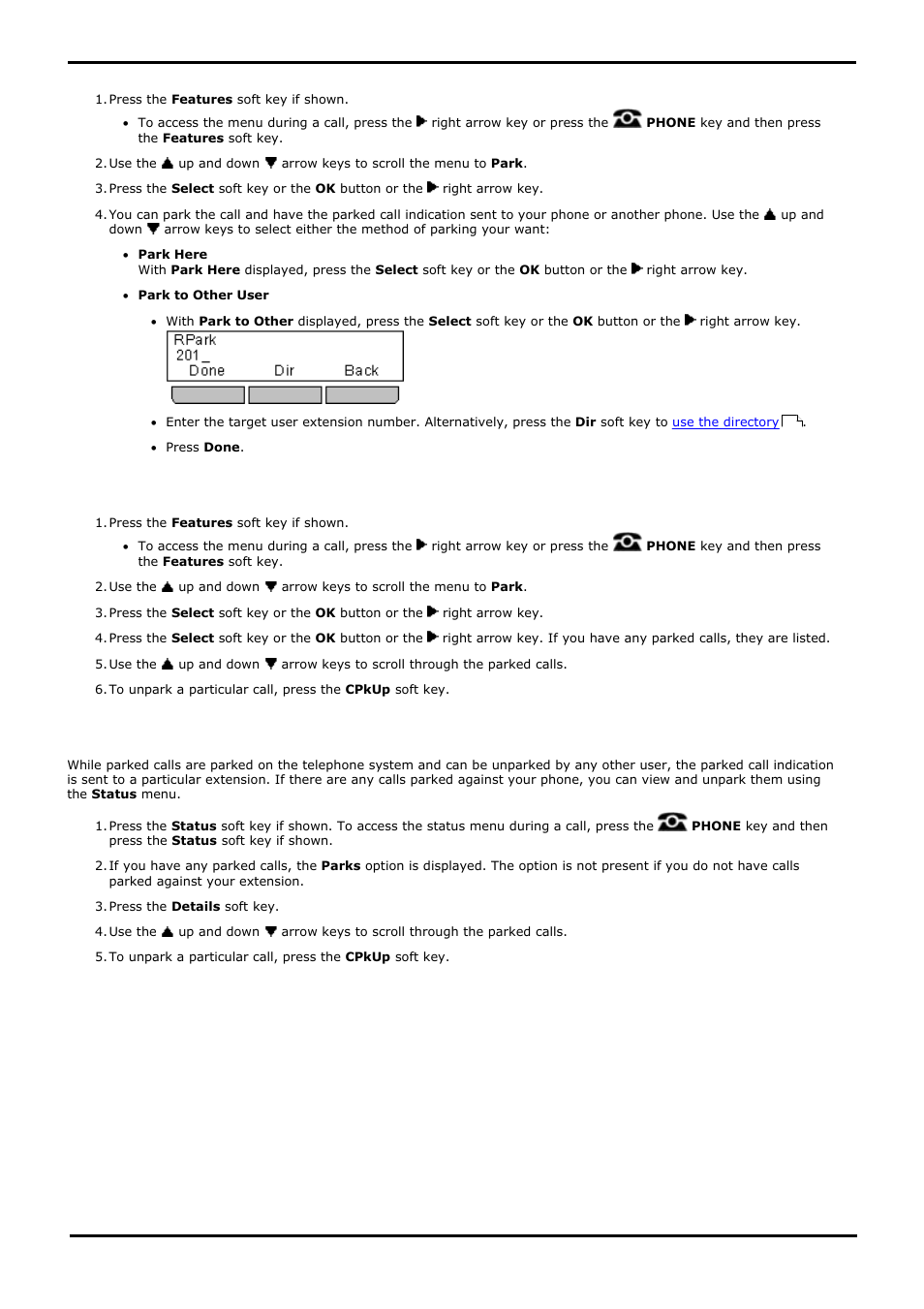 Park using the menu, Unpark (features menu), Unpark (status menu) | 1 park using the menu, 2 unpark (features menu), 3 unpark (status menu), 1 logging in | Avaya 15-601040 User Manual | Page 50 / 188