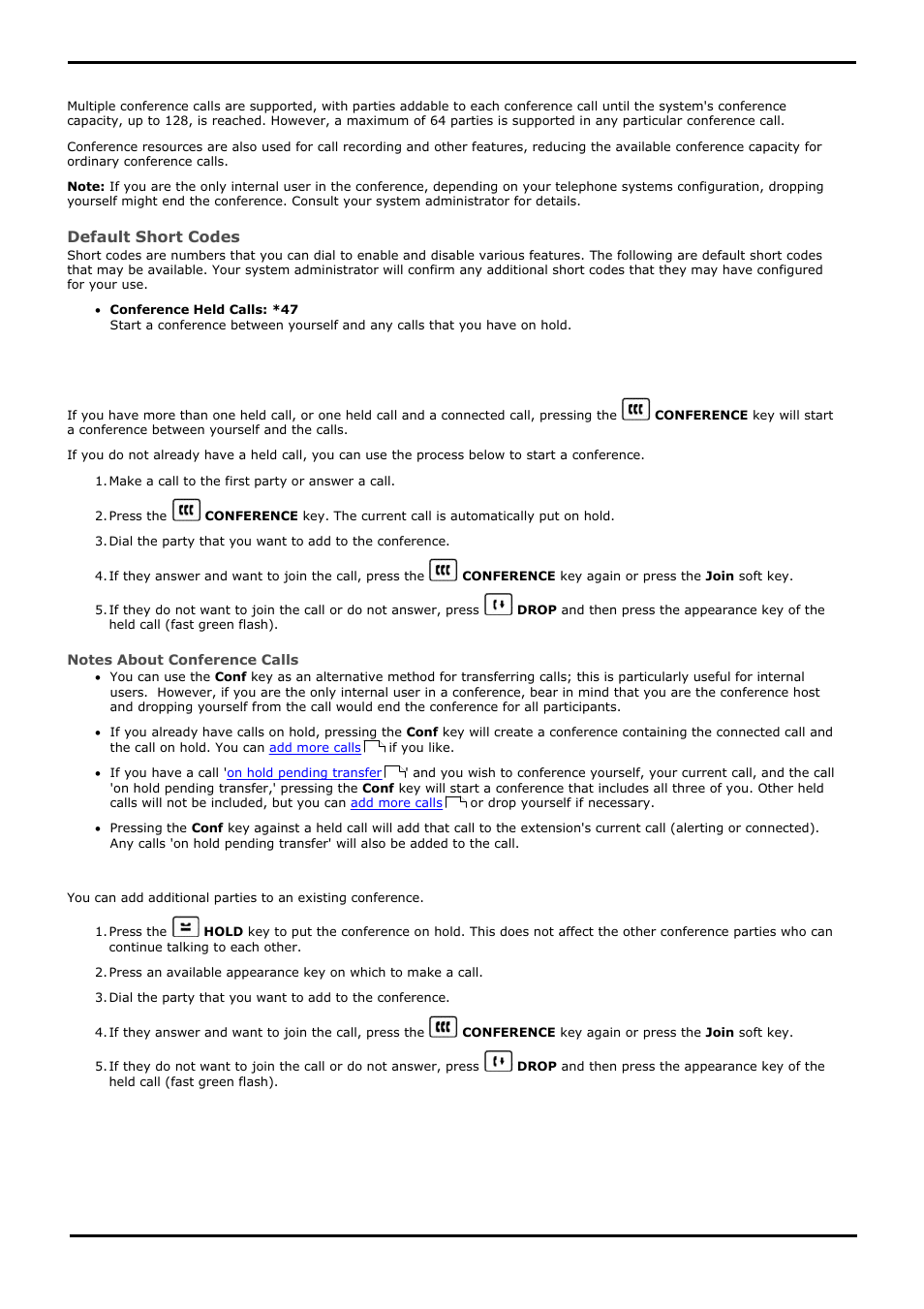Conference calls, Starting a conference, Adding a call to a conference | Conference, 1 starting a conference, 2 adding a call to a conference | Avaya 15-601040 User Manual | Page 56 / 188