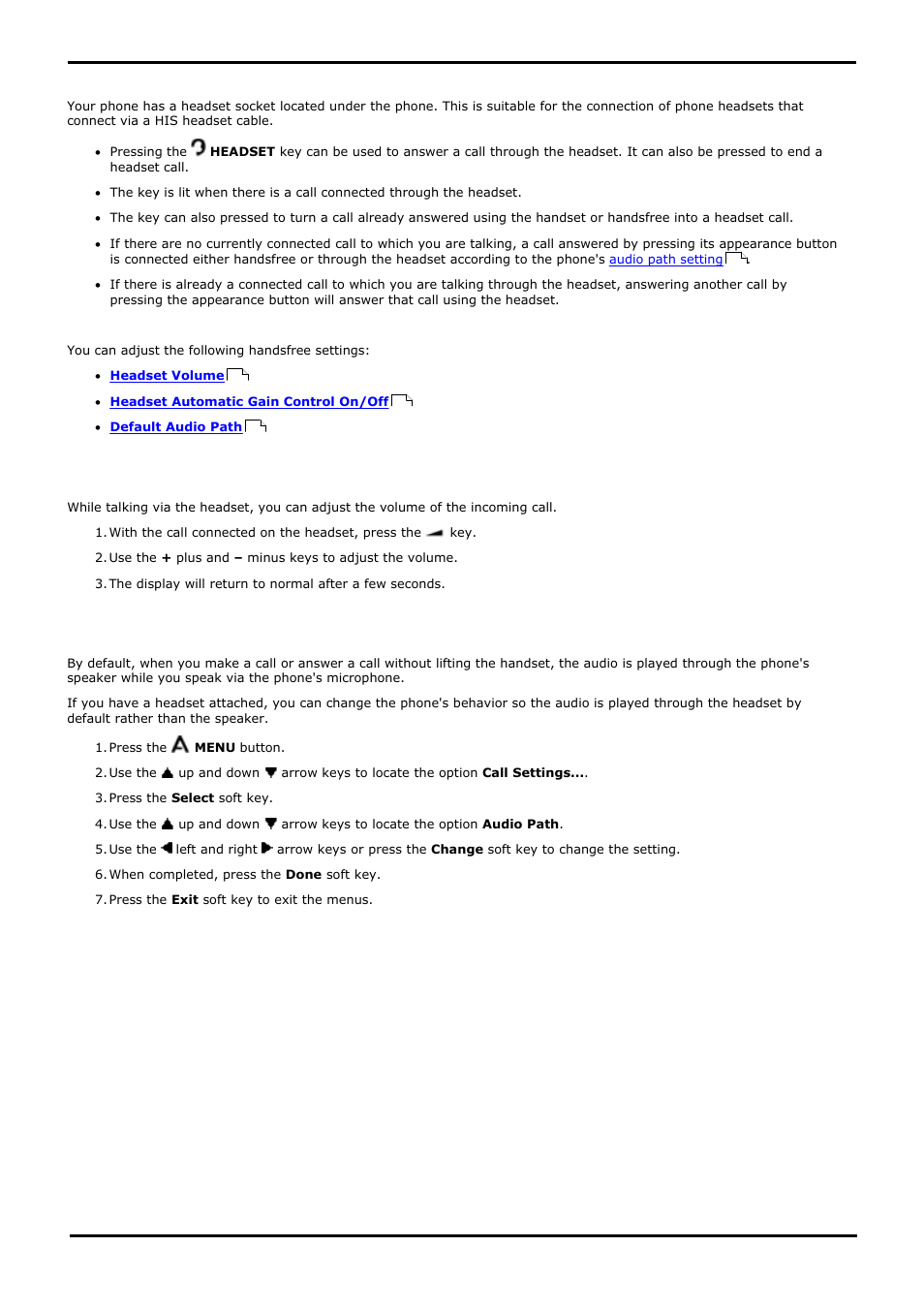 Headset operation, Headset volume, Default handsfree audio path | Headset, Audio, Path, 1 headset volume, 2 default handsfree audio path | Avaya 15-601040 User Manual | Page 60 / 188