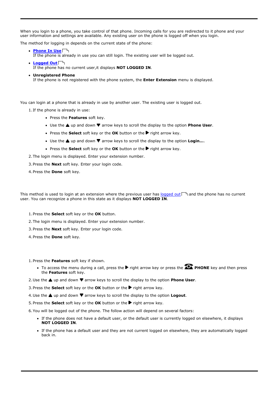 Logging in, Logging in on a phone already in use, Logging in on a not logged in phone | Logout, 1 logging in on a phone already in use, 2 logging in on a not logged in phone, 2 logout, Log in, Log out, 1 logging in | Avaya 15-601040 User Manual | Page 87 / 188