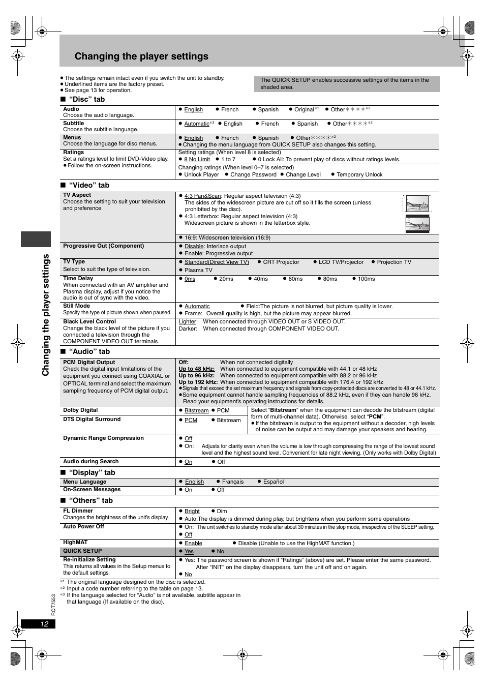Changing the player settings, Changi ng t he pla y er set ti ngs | Panasonic DVDS47 User Manual | Page 12 / 20