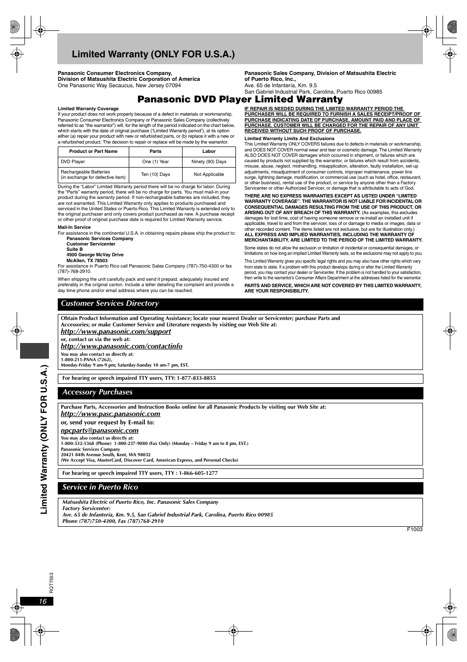 Limited warranty (only for u.s.a.), Panasonic dvd player limited warranty, Limi ted w a rr ant y (o nl y for u .s. a.) | Panasonic DVDS47 User Manual | Page 16 / 20