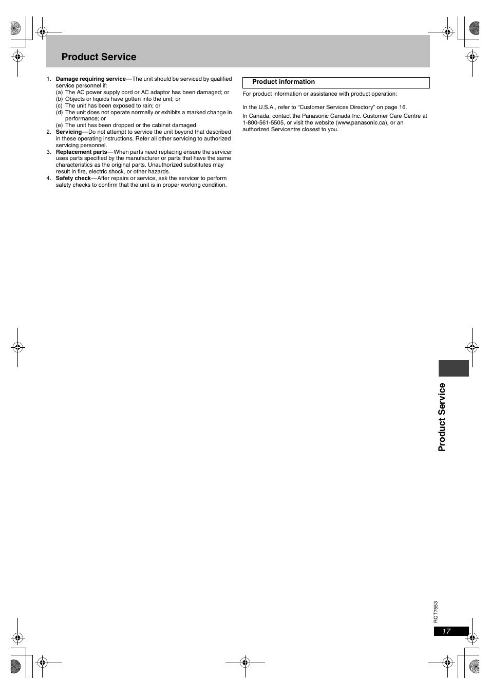 Product service, Pr oduct servi c e | Panasonic DVDS47 User Manual | Page 17 / 20