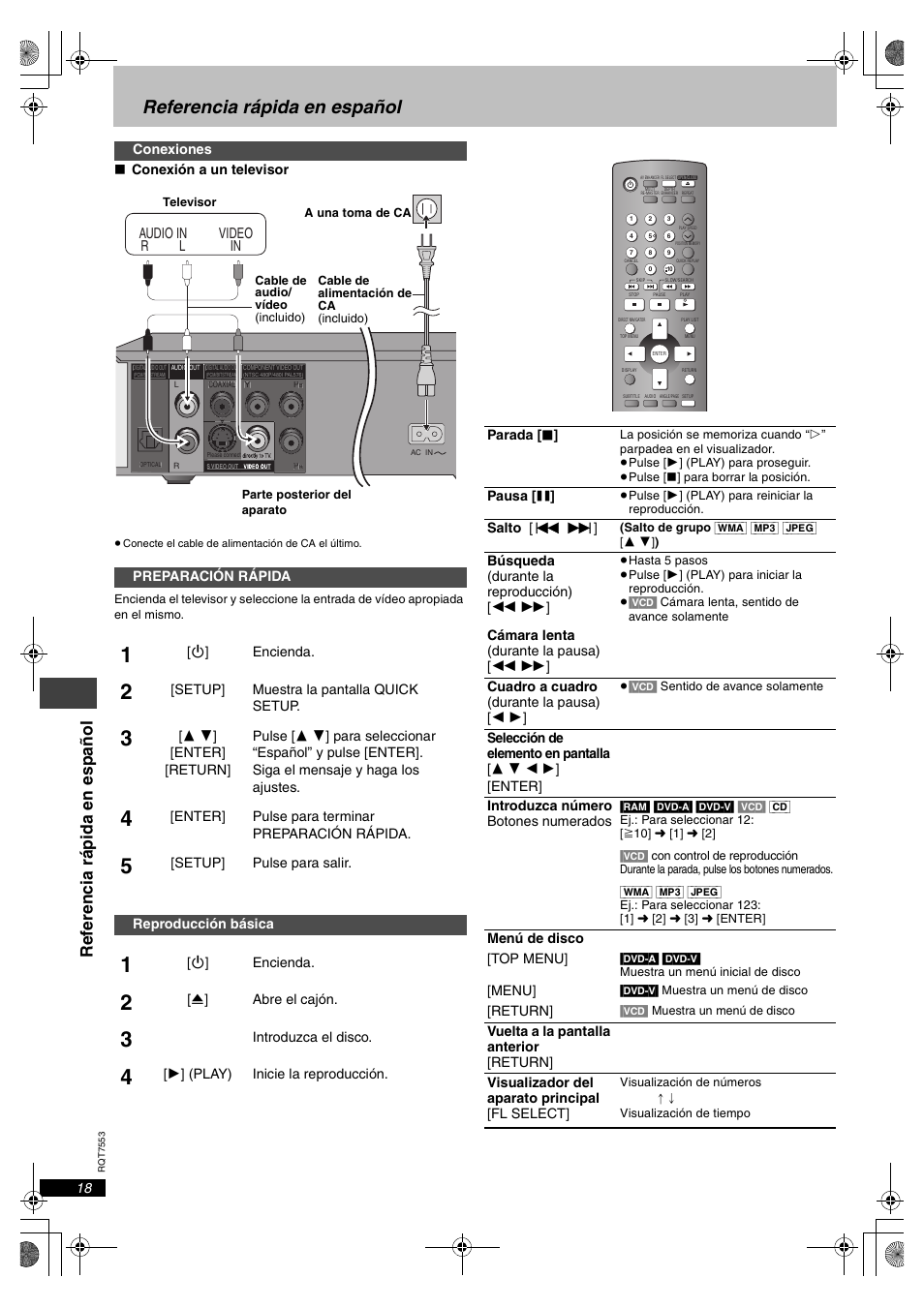 Referencia rápida en español, Ref e renci a r ápida en español | Panasonic DVDS47 User Manual | Page 18 / 20