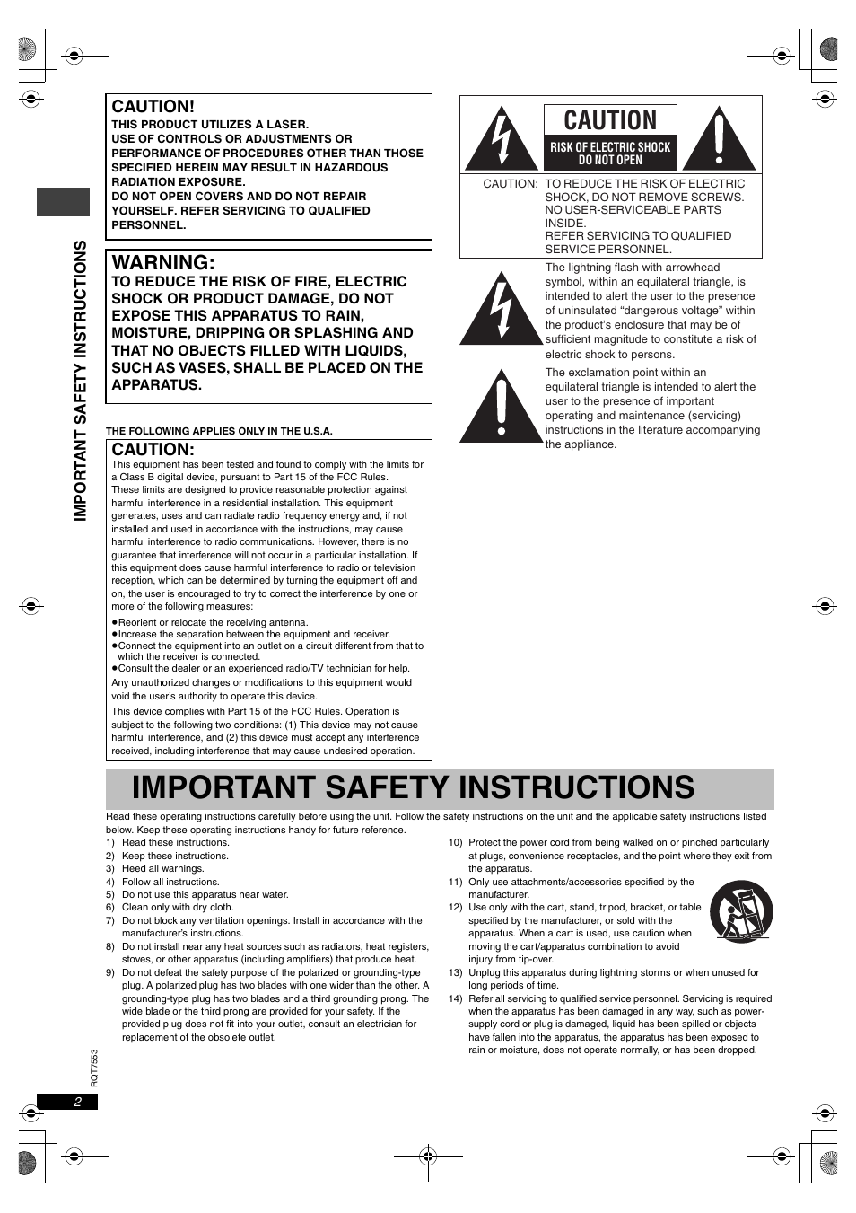 Important safety instructions, Warning, Caution | Im po r t ant safety instr ucti o n s | Panasonic DVDS47 User Manual | Page 2 / 20