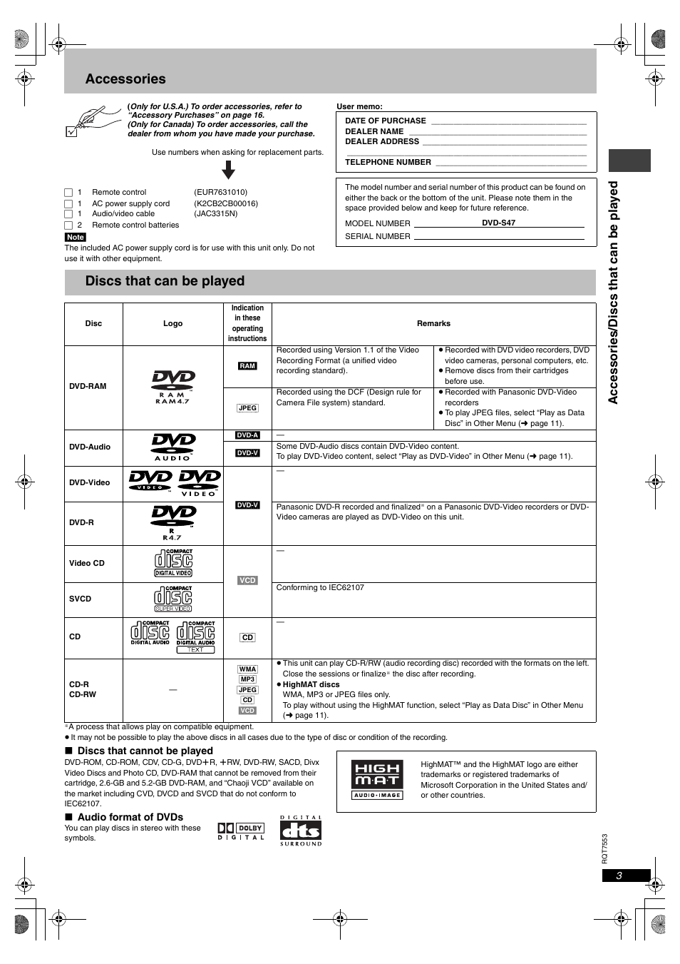 Accessories, Discs that can be played, Access ori es/di scs that can be pla y ed | Panasonic DVDS47 User Manual | Page 3 / 20