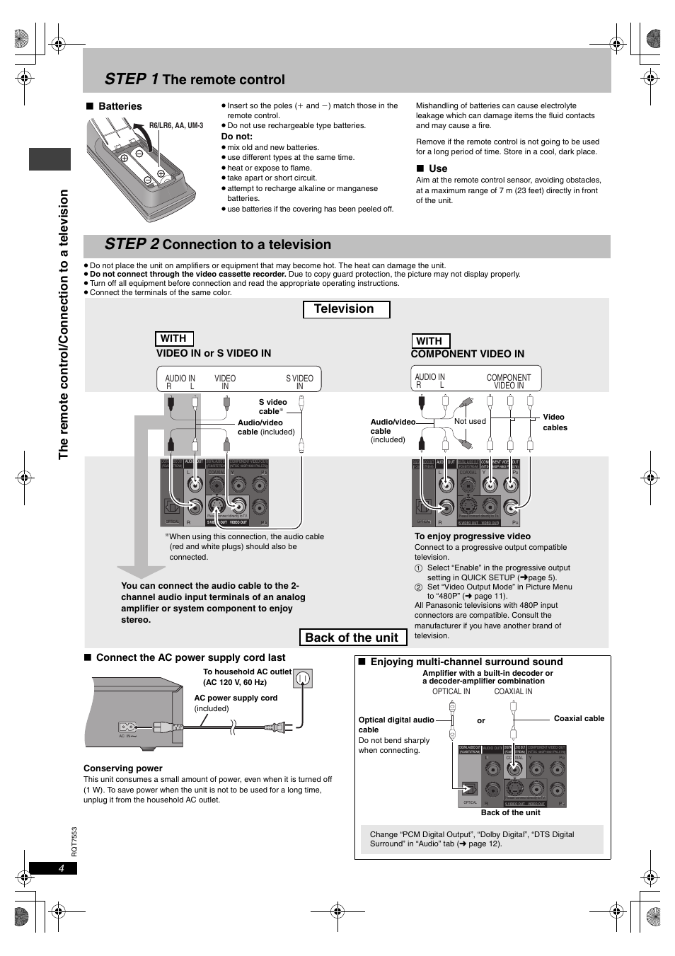 Step 1, Step 2, The remote control | Connection to a television, Television back of the unit, Connect the ac power supply cord last, Batteries, Video in or s video in, Component video in, With | Panasonic DVDS47 User Manual | Page 4 / 20