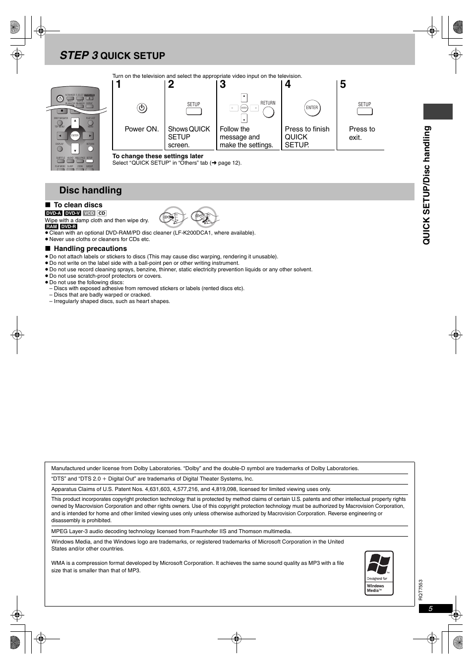 Step 3, Quick setup, Disc handling | Qu ick s e tup/ disc handl ing | Panasonic DVDS47 User Manual | Page 5 / 20