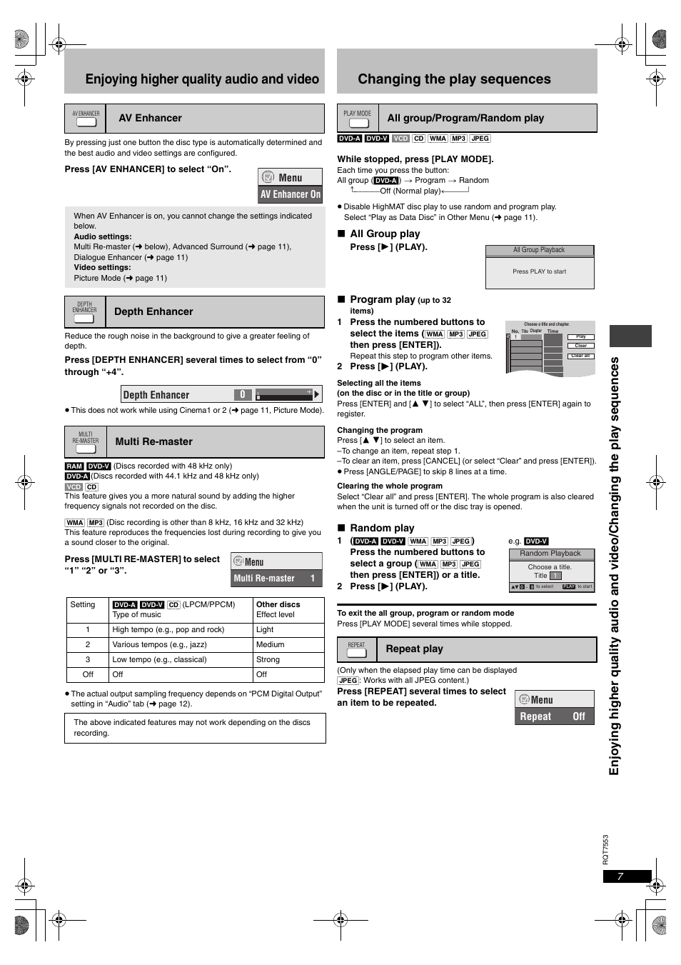 Enjoying higher quality audio and video, Changing the play sequences | Panasonic DVDS47 User Manual | Page 7 / 20