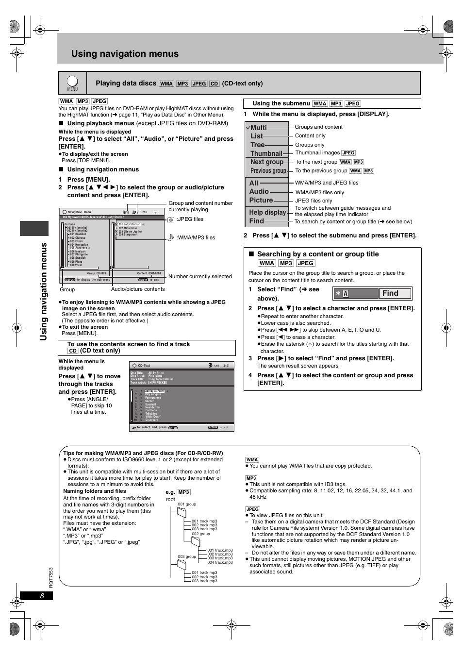 Using navigation menus, Usi ng na viga ti on men u s, Find | Panasonic DVDS47 User Manual | Page 8 / 20