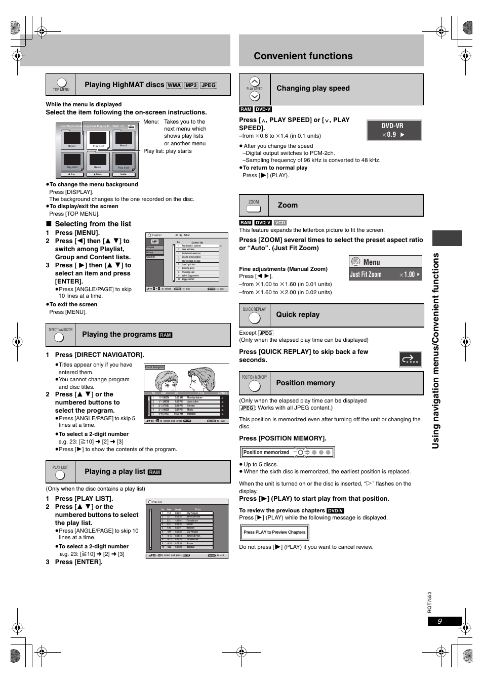 Convenient functions, Using na vigat ion men us/con veni ent f uncti ons, Selecting from the list | Playing highmat discs, Playing the programs, Playing a play list, Menu just fit zoom, Dvd-vr a 0.9 | Panasonic DVDS47 User Manual | Page 9 / 20