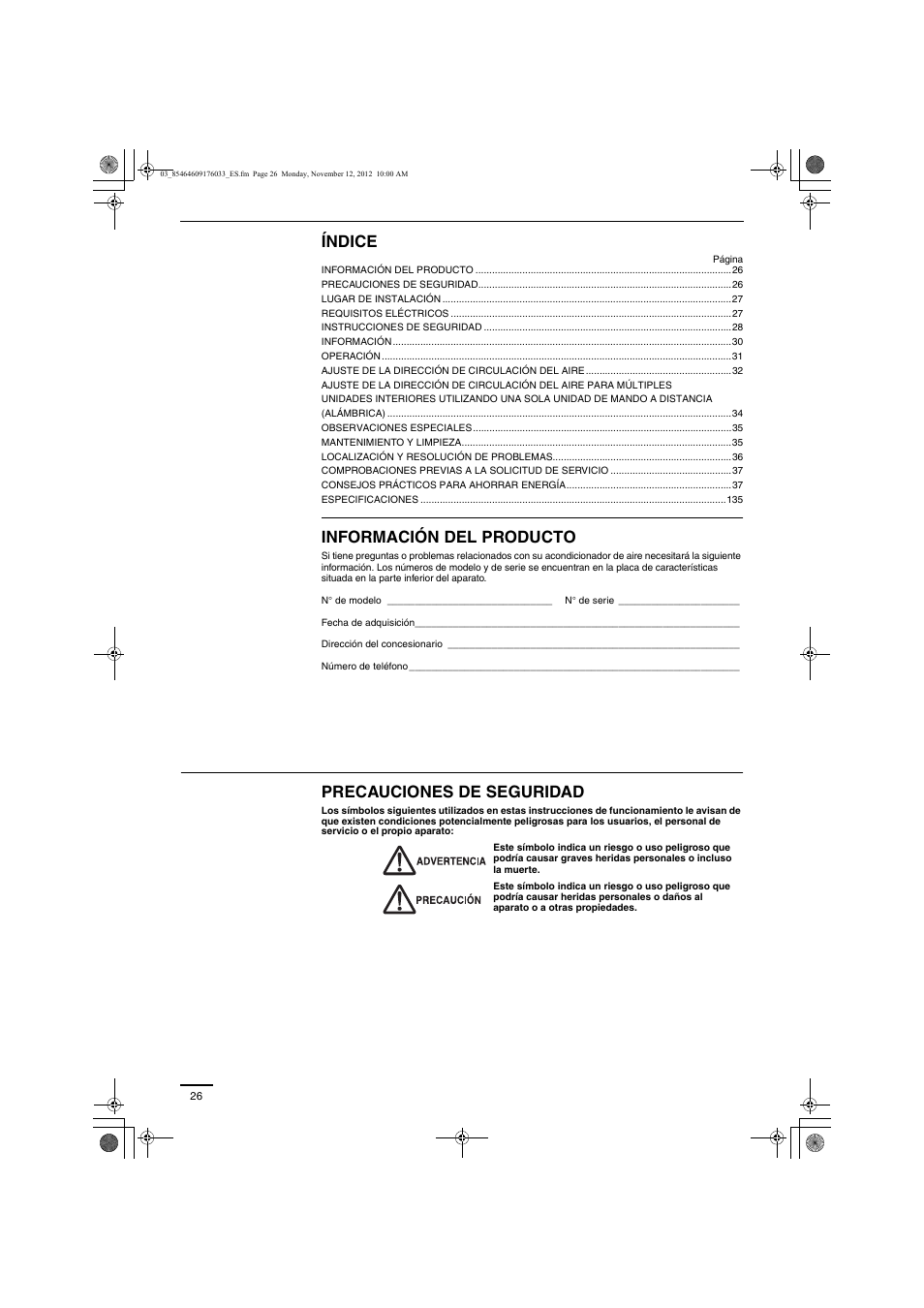 Índice, Información del producto, Precauciones de seguridad | Panasonic U140PE1E5 User Manual | Page 2 / 21