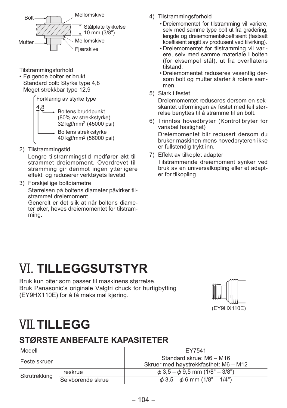 Tilleggsutstyr, Tillegg, Største anbefalte kapasiteter | Panasonic EY7541 User Manual | Page 104 / 140