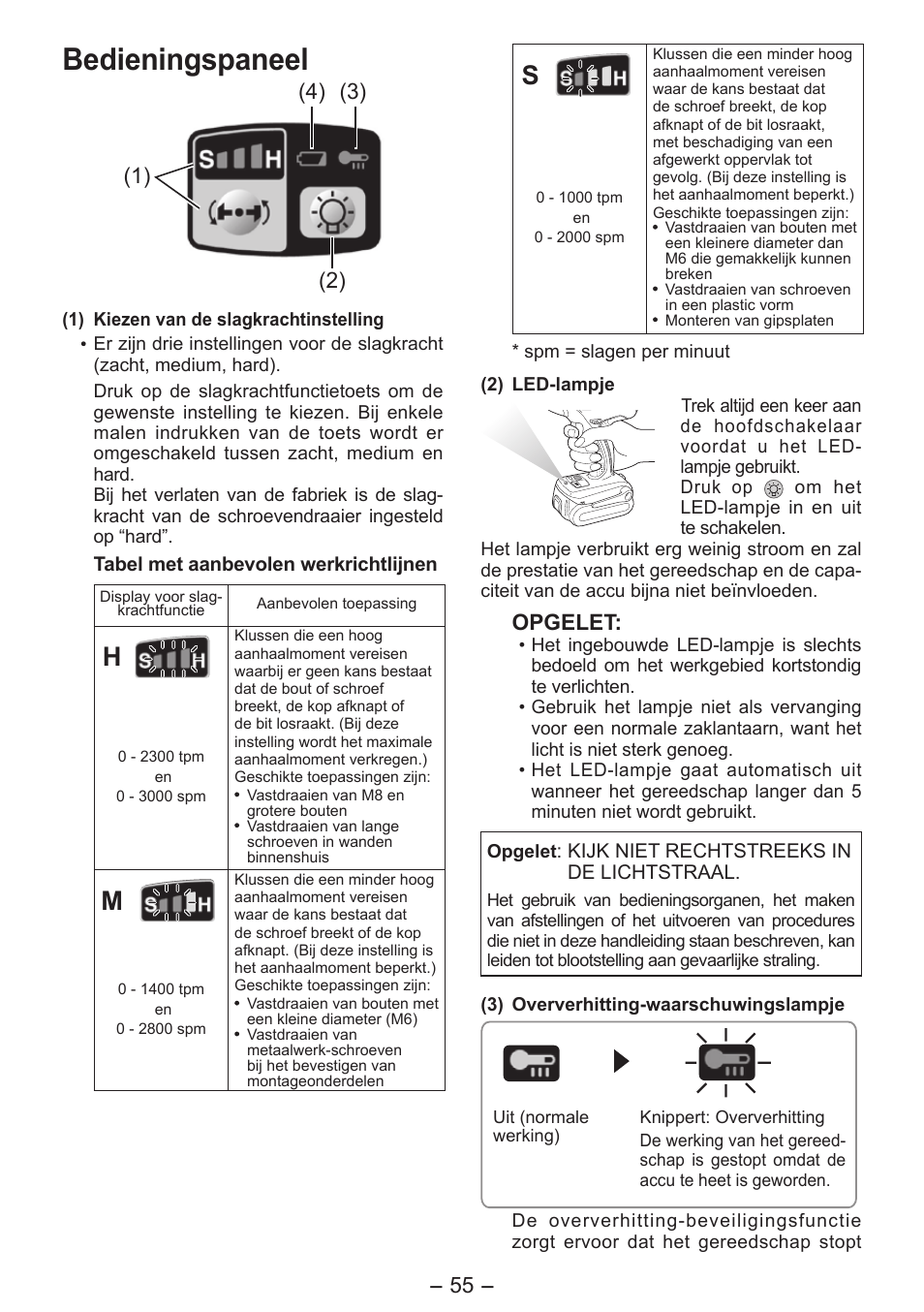 Bedieningspaneel, Opgelet | Panasonic EY7541 User Manual | Page 55 / 140