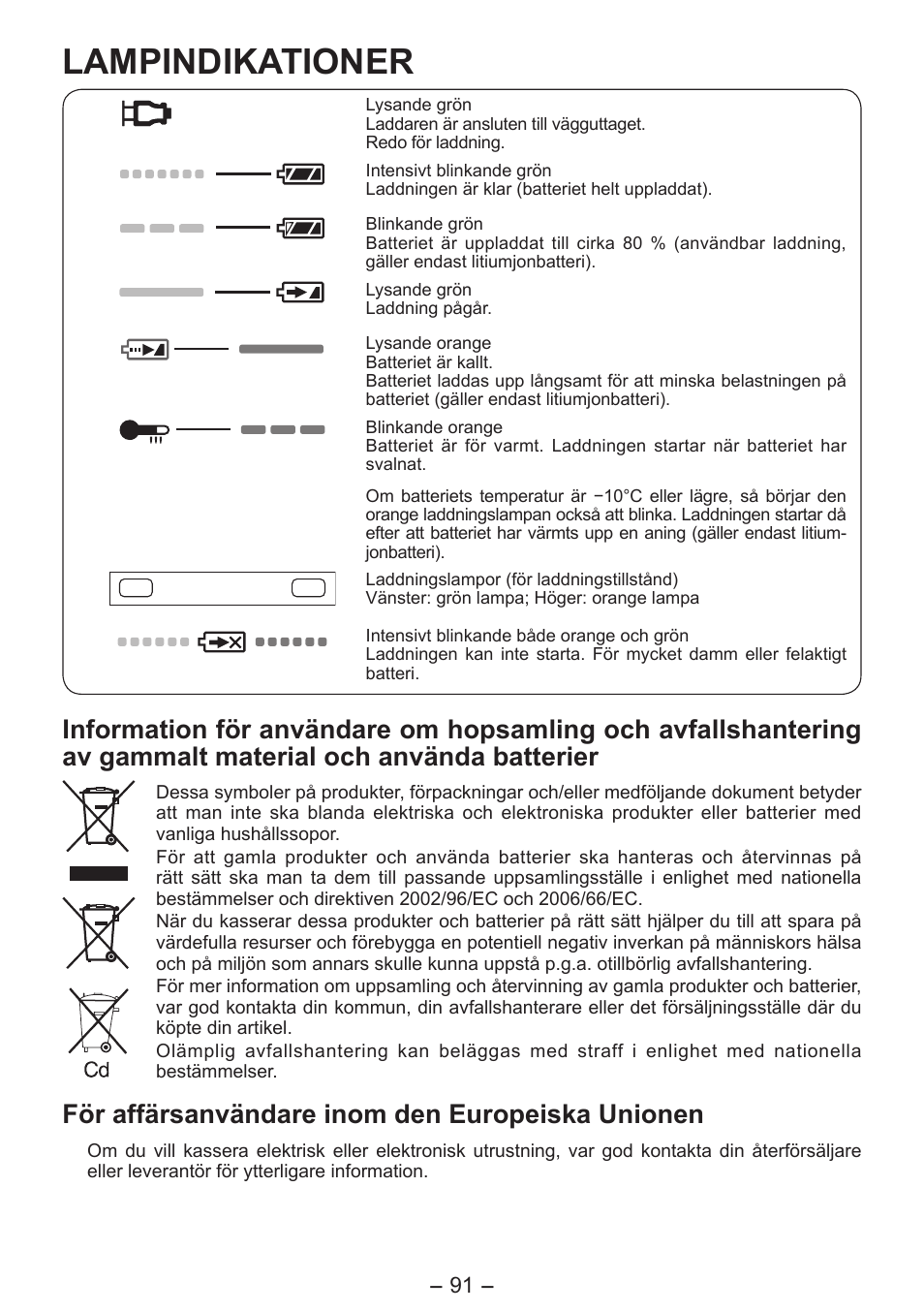 Lampindikationer, För affärsanvändare inom den europeiska unionen | Panasonic EY7541 User Manual | Page 91 / 140