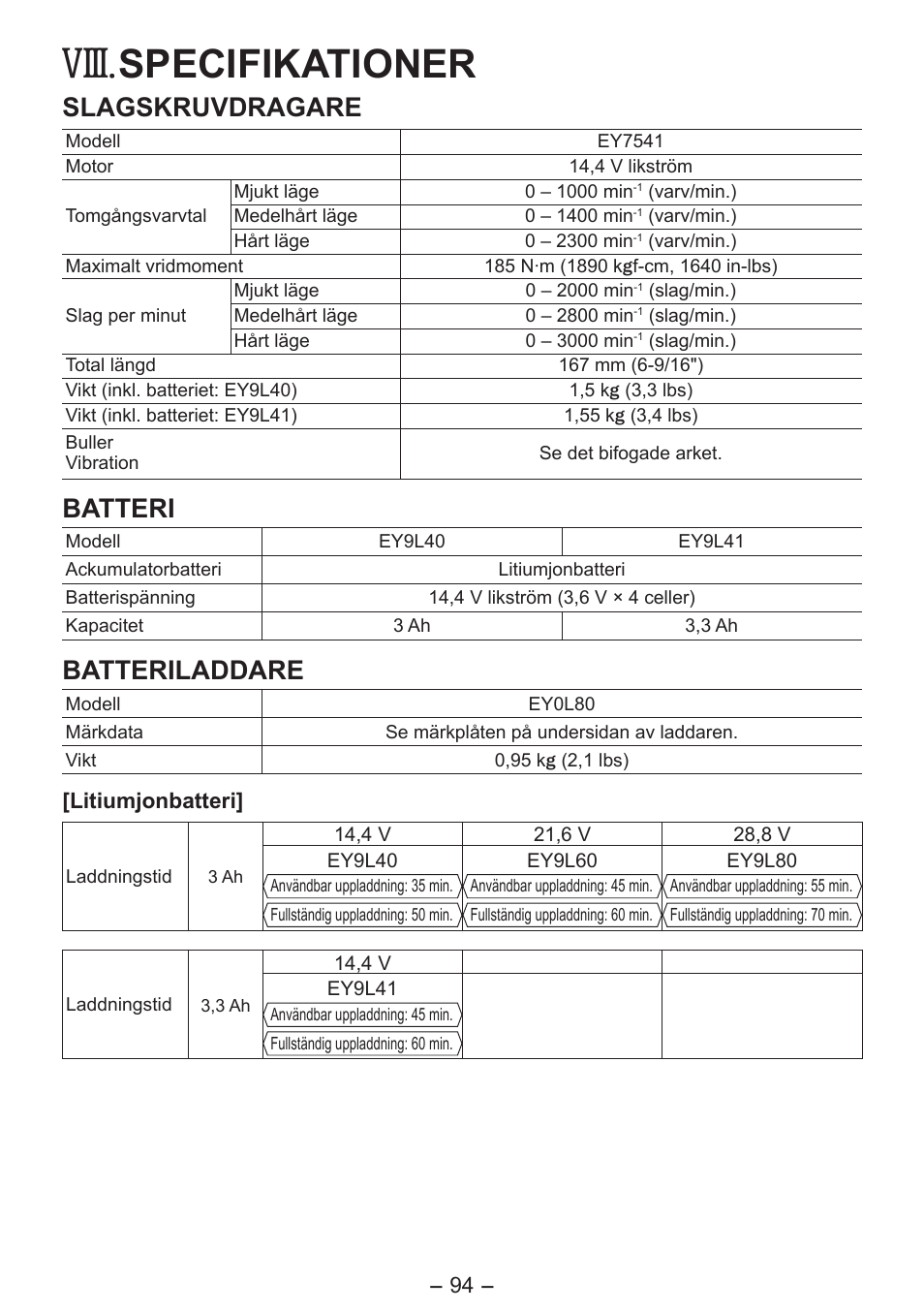 Viii, Specifikationer, Slagskruvdragare | Batteri, Batteriladdare | Panasonic EY7541 User Manual | Page 94 / 140