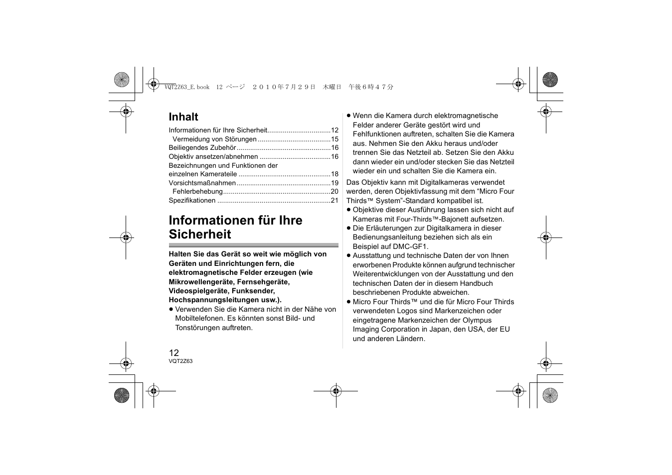 Informationen für ihre sicherheit, Inhalt | Panasonic HH014E User Manual | Page 12 / 72