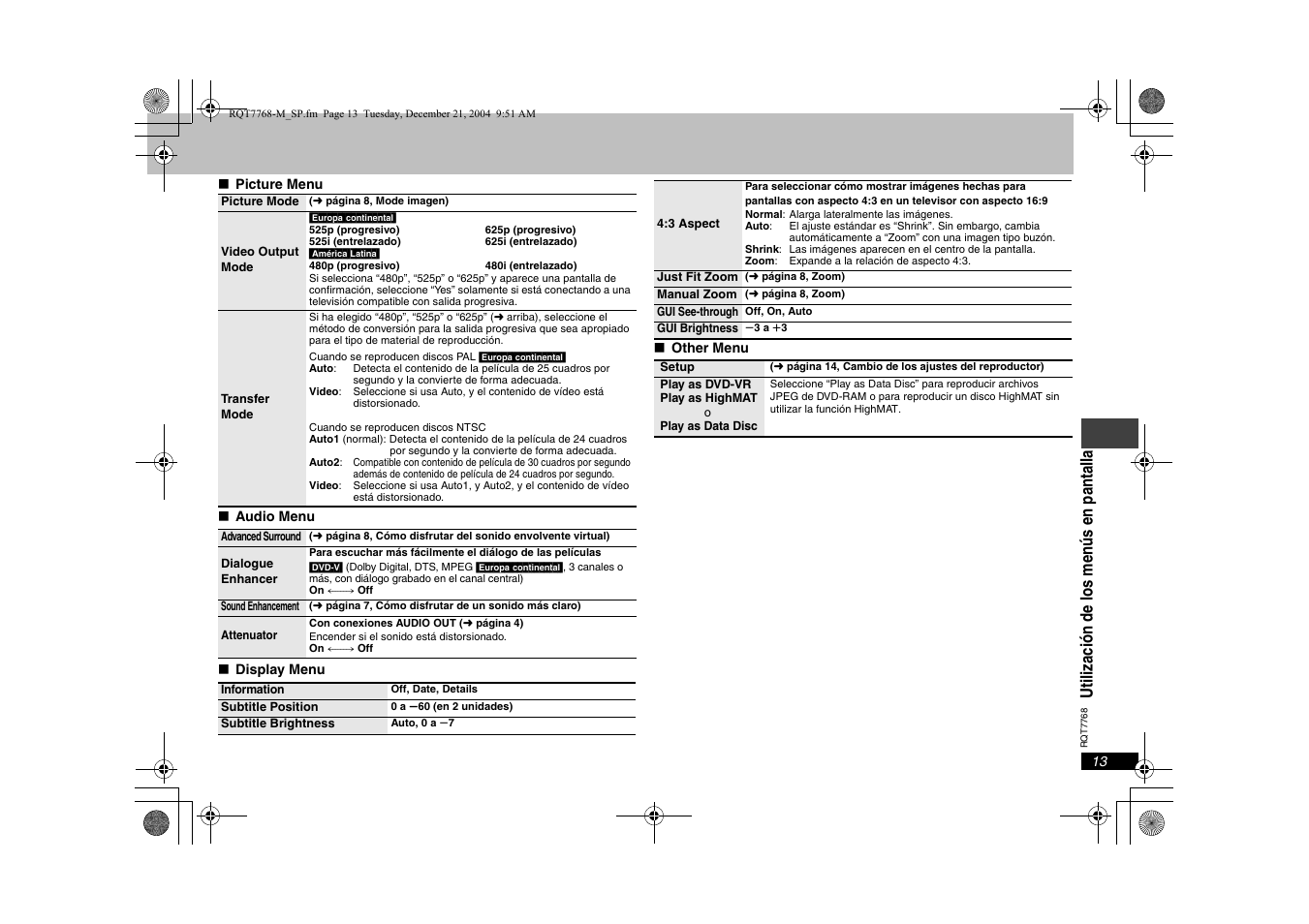 Utili zación de los men ú s en pantalla | Panasonic DVDS29PL User Manual | Page 13 / 20