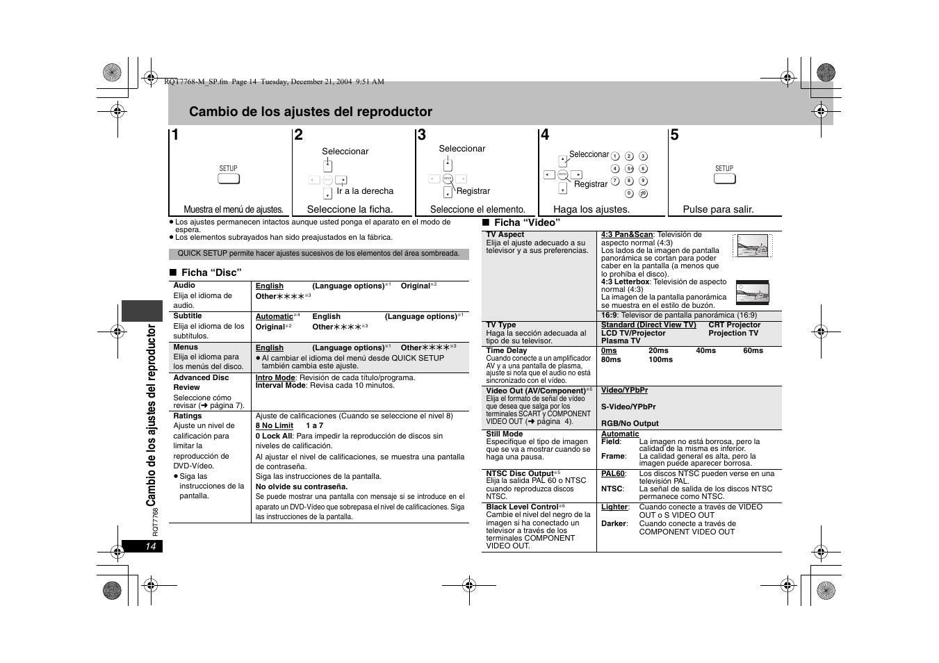 Cambio de los ajustes del reproductor, Camb io de los ajustes d el repr od uctor | Panasonic DVDS29PL User Manual | Page 14 / 20