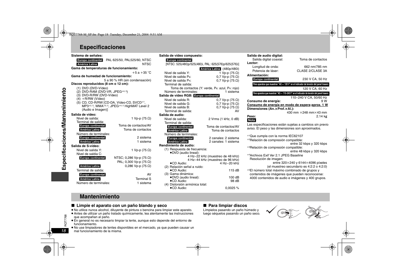 Especificaciones, Mantenimiento, Ma n | Nimiento, Especi ficacion es | Panasonic DVDS29PL User Manual | Page 18 / 20