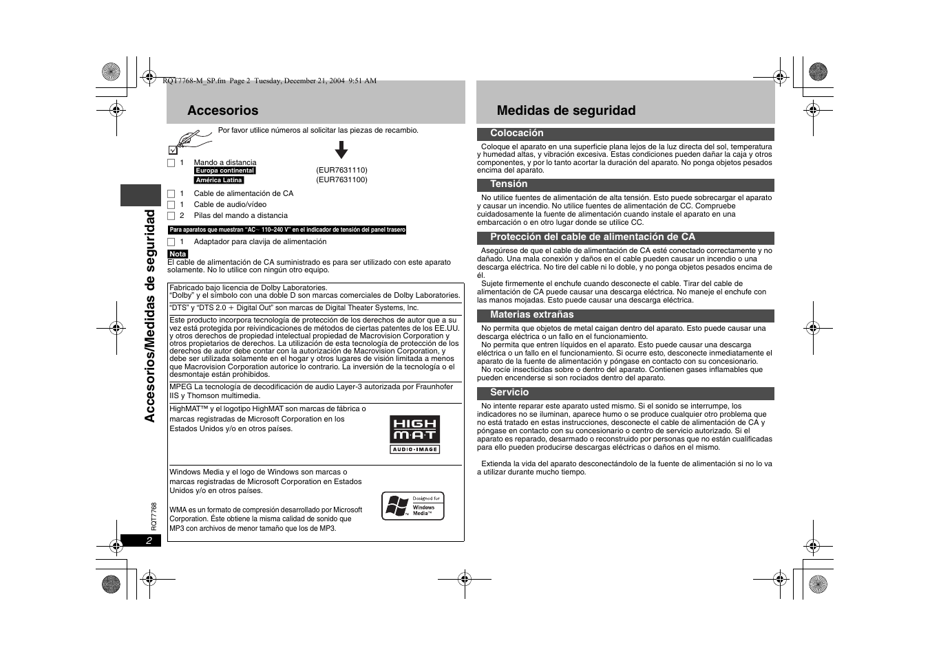 Accesorios, Medidas de seguridad, Accesorios/medi das de seguridad | Panasonic DVDS29PL User Manual | Page 2 / 20