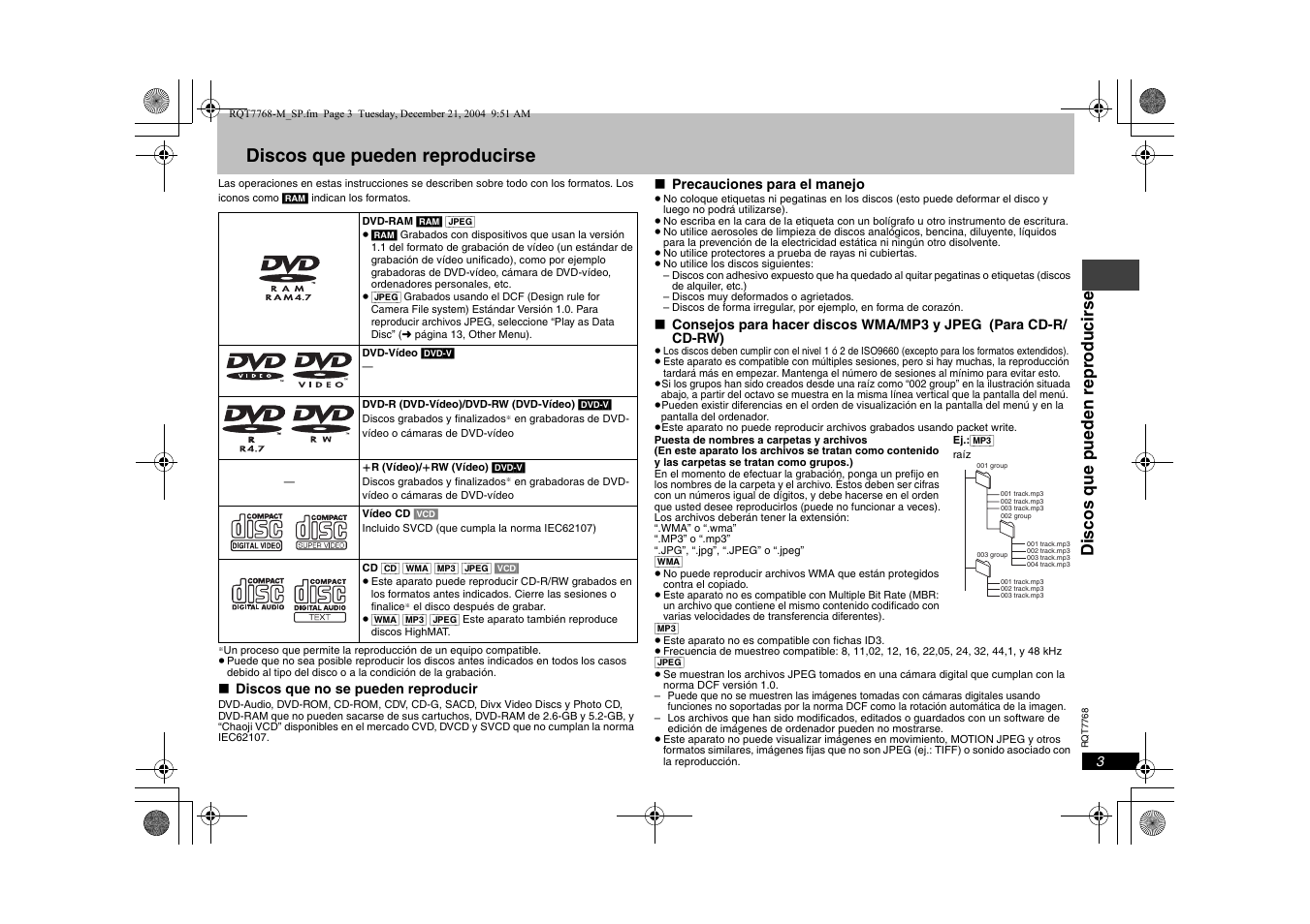 Discos que pueden reproducirse, Disc os que pueden rep roduc ir se | Panasonic DVDS29PL User Manual | Page 3 / 20