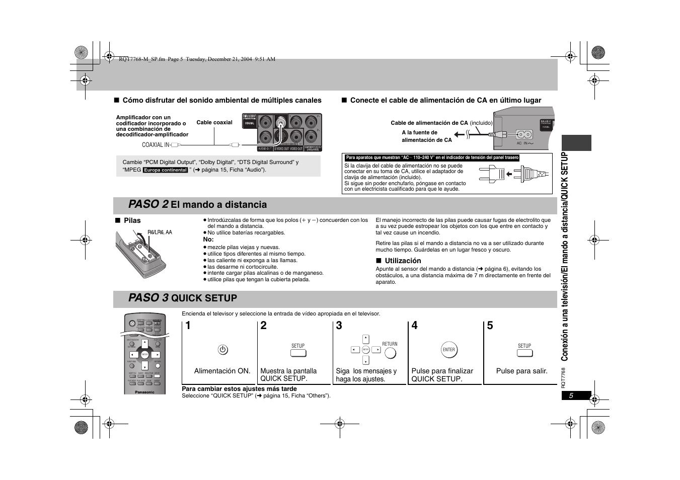 Paso 2, Paso 3, El mando a distancia | Quick setup | Panasonic DVDS29PL User Manual | Page 5 / 20