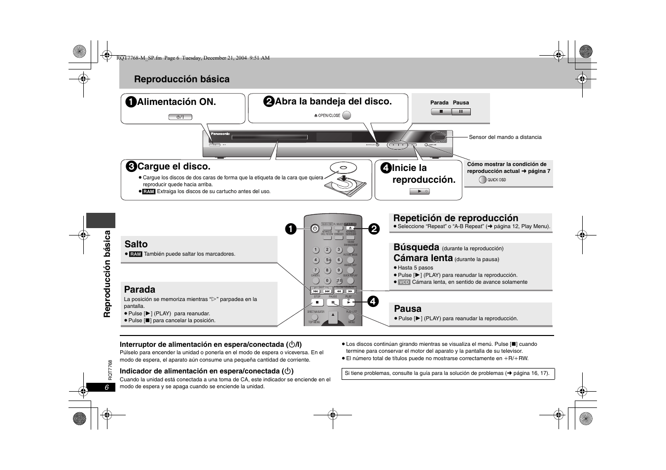 Reproducción básica, Alimentación on, Abra la bandeja del disco | Cargue el disco, Inicie la reproducción, Salto, Parada, Búsqueda, Cámara lenta, Pausa | Panasonic DVDS29PL User Manual | Page 6 / 20