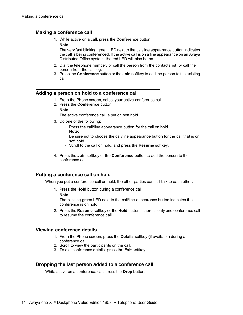 Making a conference call, Adding a person on hold to a conference call, Putting a conference call on hold | Viewing conference details | Avaya ONE-X 1608 User Manual | Page 14 / 28