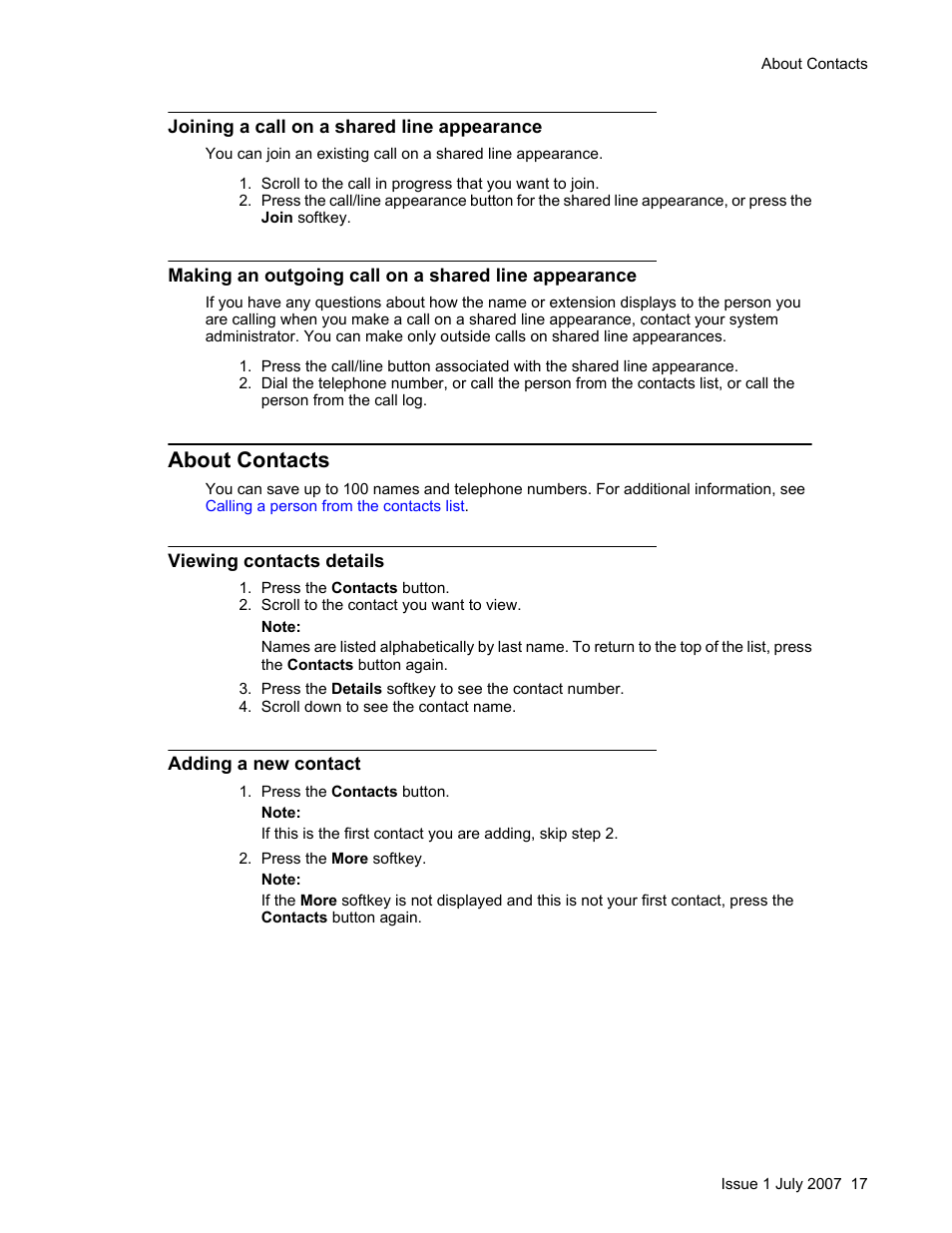 Joining a call on a shared line appearance, About contacts, Viewing contacts details | Adding a new contact, Viewing contacts details adding a new contact | Avaya ONE-X 1608 User Manual | Page 17 / 28