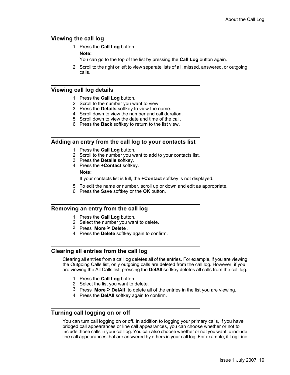 Viewing the call log, Viewing call log details, Removing an entry from the call log | Clearing all entries from the call log, Turning call logging on or off | Avaya ONE-X 1608 User Manual | Page 19 / 28