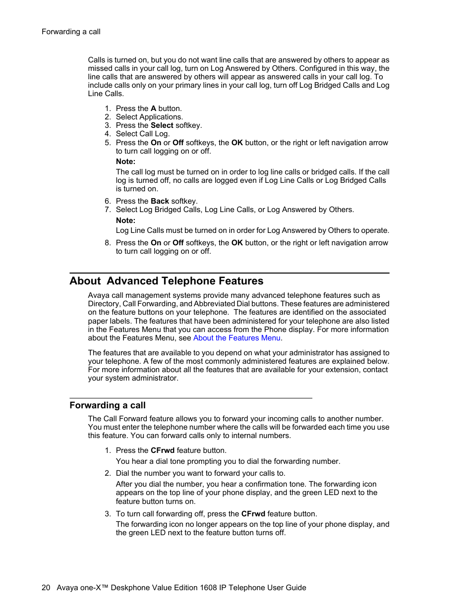 About advanced telephone features, Forwarding a call | Avaya ONE-X 1608 User Manual | Page 20 / 28