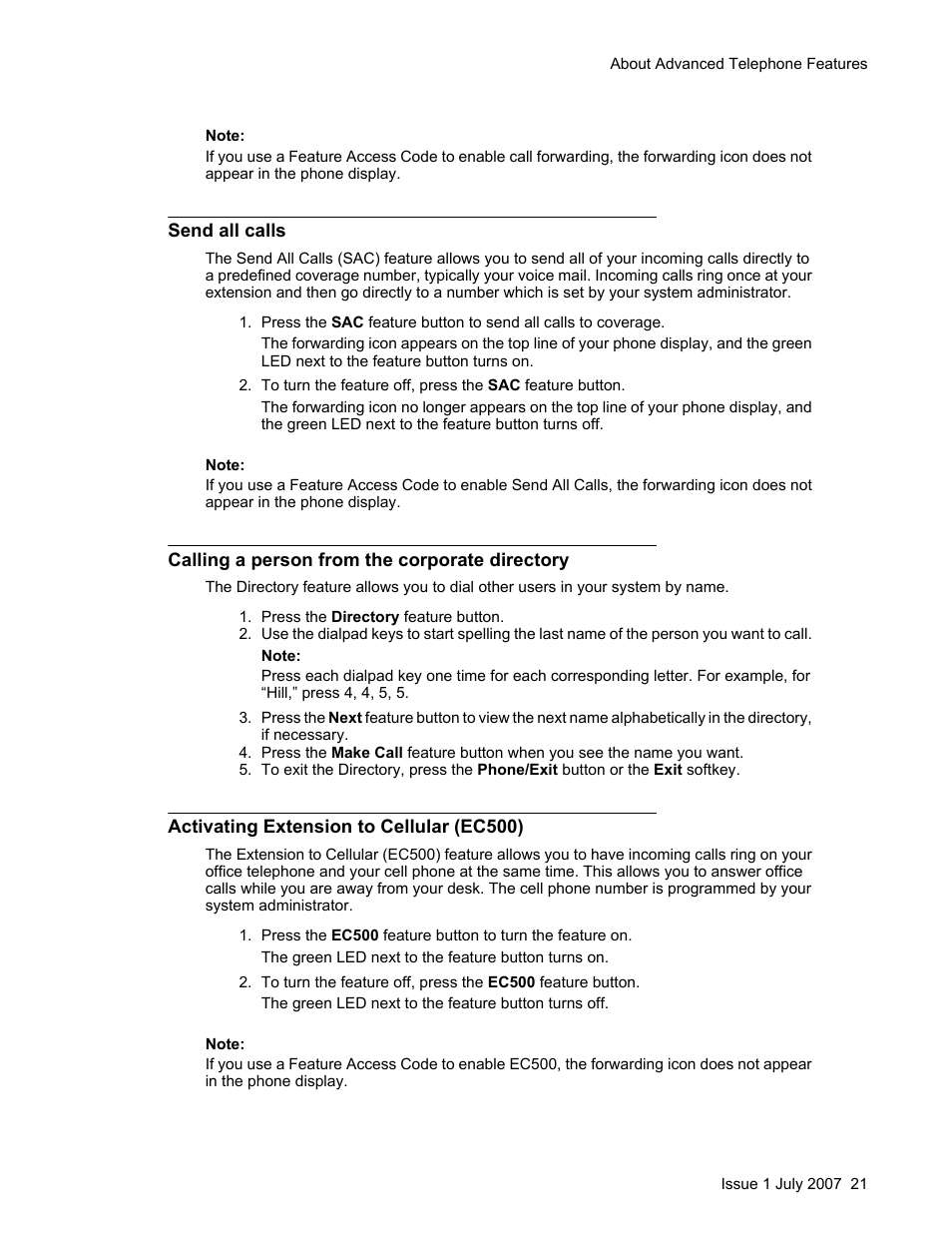 Send all calls, Calling a person from the corporate directory, Activating extension to cellular (ec500) | Avaya ONE-X 1608 User Manual | Page 21 / 28