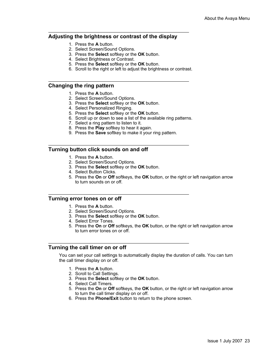 Changing the ring pattern, Turning button click sounds on and off, Turning error tones on or off | Turning the call timer on or off | Avaya ONE-X 1608 User Manual | Page 23 / 28