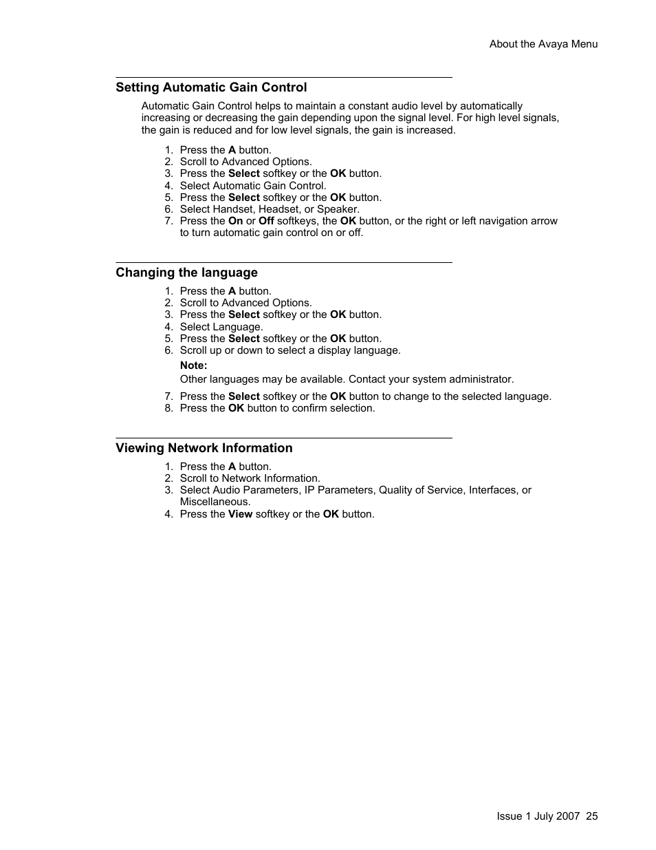 Setting automatic gain control, Changing the language, Viewing network information | Changing the language viewing network information | Avaya ONE-X 1608 User Manual | Page 25 / 28