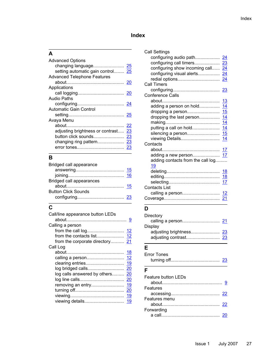 Index | Avaya ONE-X 1608 User Manual | Page 27 / 28