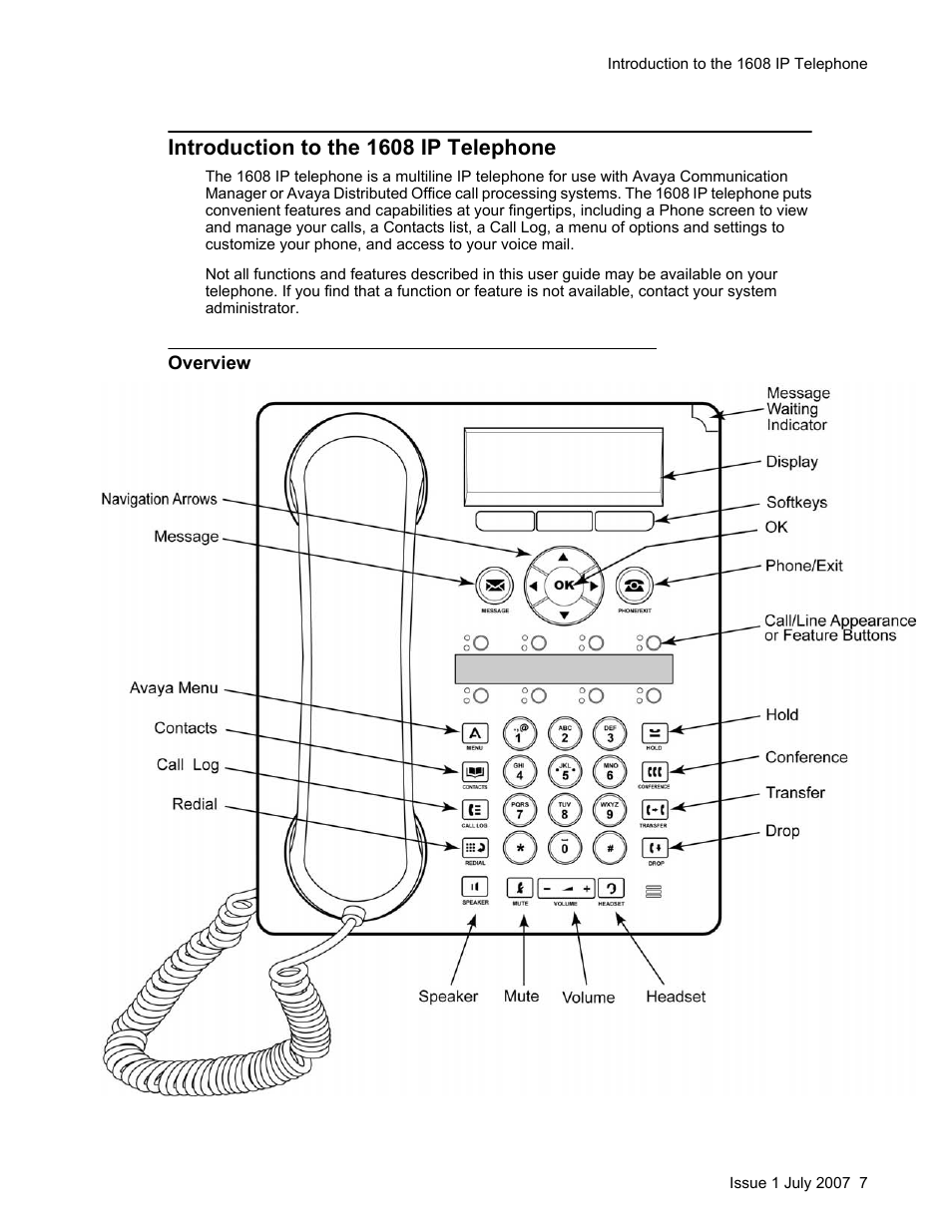 Introduction to the 1608 ip telephone, Overview | Avaya ONE-X 1608 User Manual | Page 7 / 28