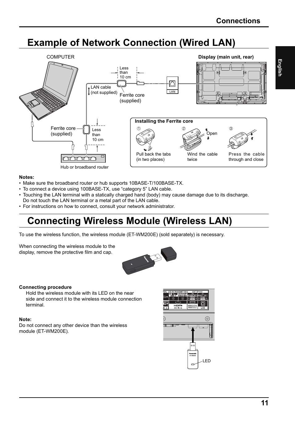 Example of network connection (wired lan), Connecting wireless module (wireless lan), Connections | Panasonic TH50PF50E User Manual | Page 11 / 72