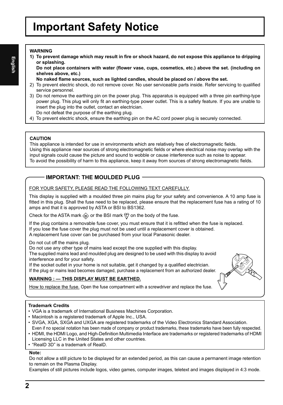 Important safety notice | Panasonic TH50PF50E User Manual | Page 2 / 72