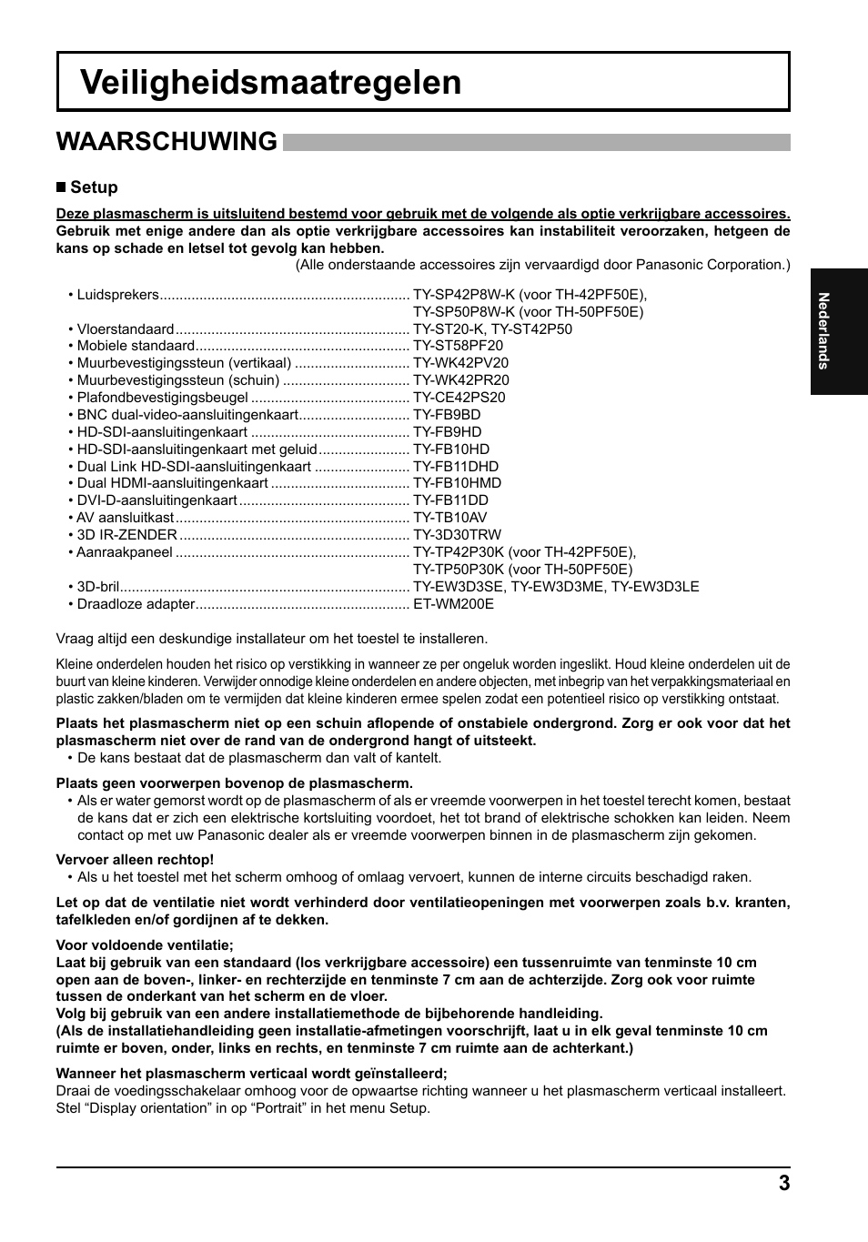 Veiligheidsmaatregelen, Waarschuwing | Panasonic TH50PF50E User Manual | Page 21 / 72