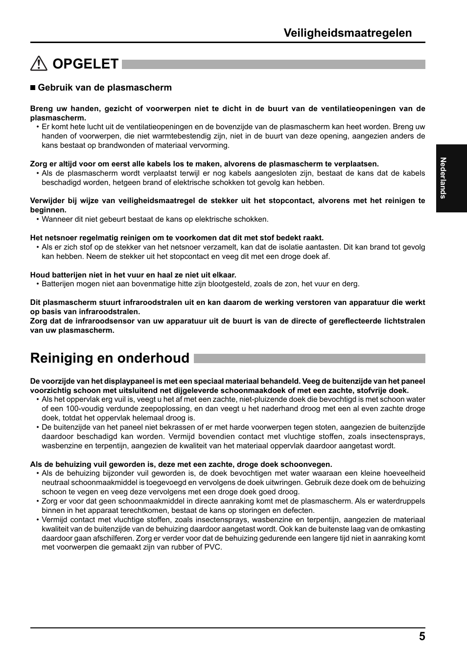 Opgelet, Reiniging en onderhoud, Veiligheidsmaatregelen | Panasonic TH50PF50E User Manual | Page 23 / 72