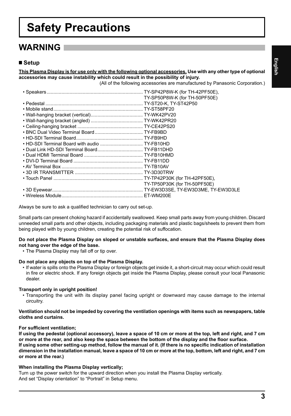 Safety precautions, Warning | Panasonic TH50PF50E User Manual | Page 3 / 72