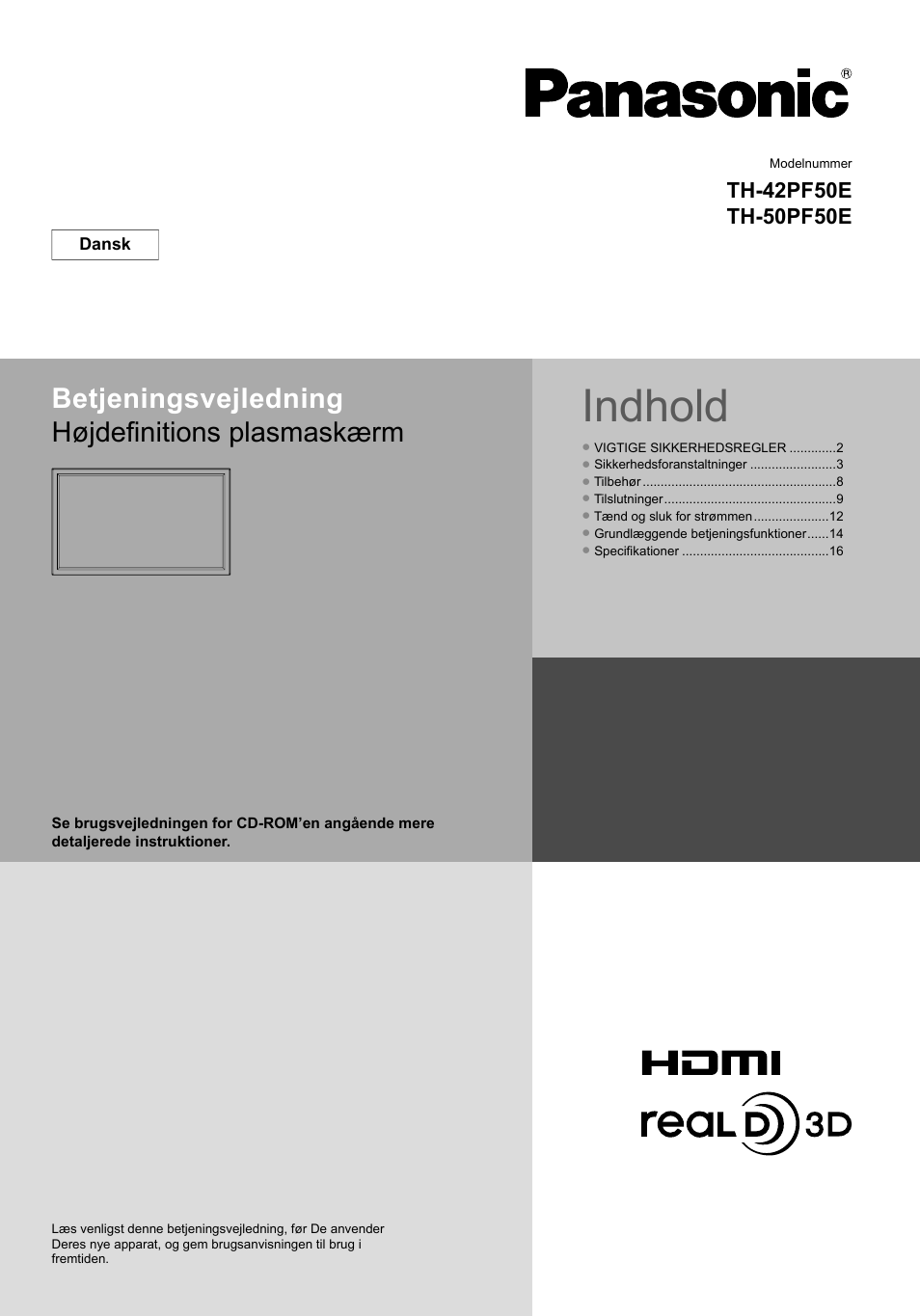 Th-42_50pf50e_da_qsg.pdf, Indhold, Betjeningsvejledning højdefi nitions plasmaskærm | Panasonic TH50PF50E User Manual | Page 37 / 72