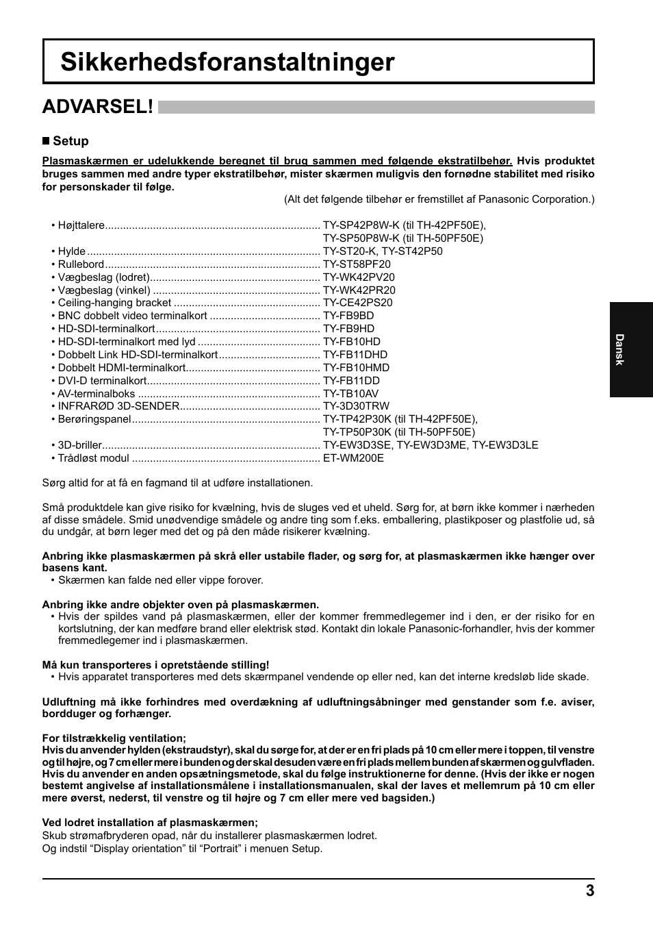 Sikkerhedsforanstaltninger, Advarsel | Panasonic TH50PF50E User Manual | Page 39 / 72