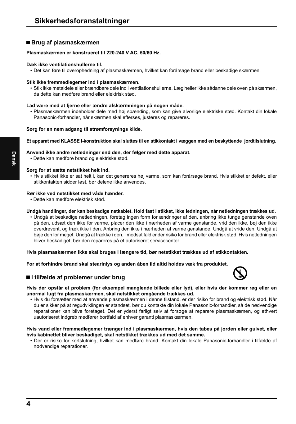 Sikkerhedsforanstaltninger | Panasonic TH50PF50E User Manual | Page 40 / 72