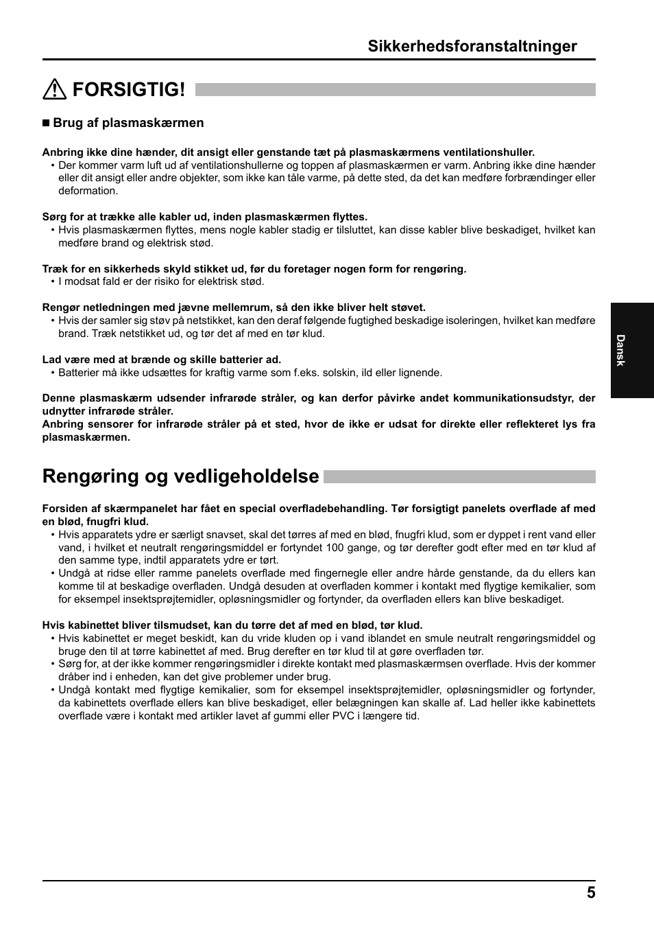 Forsigtig, Rengøring og vedligeholdelse, Sikkerhedsforanstaltninger | Panasonic TH50PF50E User Manual | Page 41 / 72