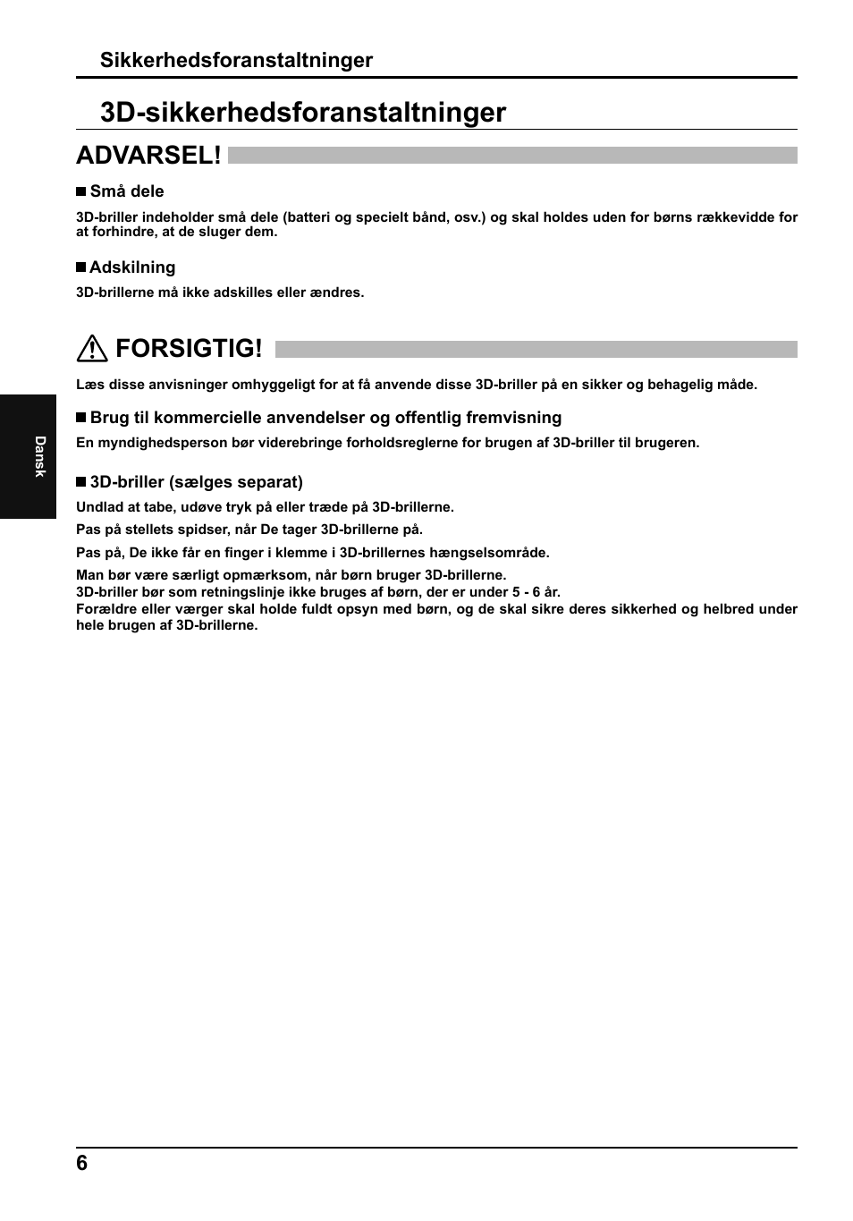 3d-sikkerhedsforanstaltninger, Advarsel, Forsigtig | Sikkerhedsforanstaltninger | Panasonic TH50PF50E User Manual | Page 42 / 72